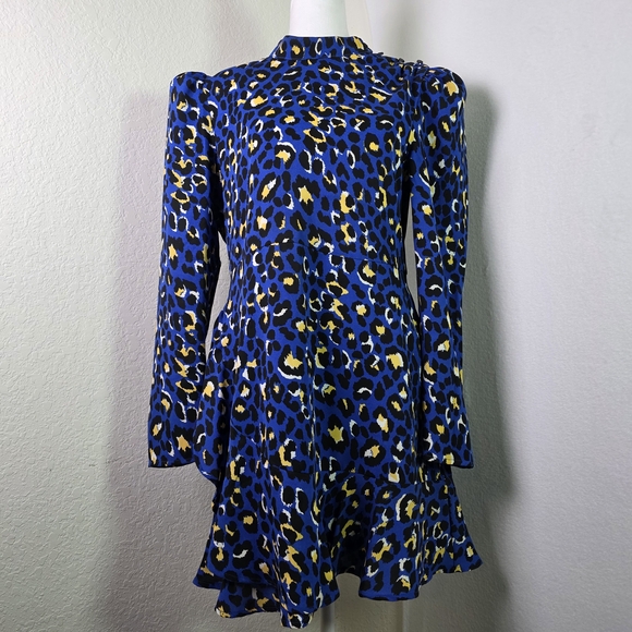 Rahi Sophie Blue Leopard Print Long Sleeve Mini Dress L Puff Shoulder Mock Neck - Picture 1 of 15